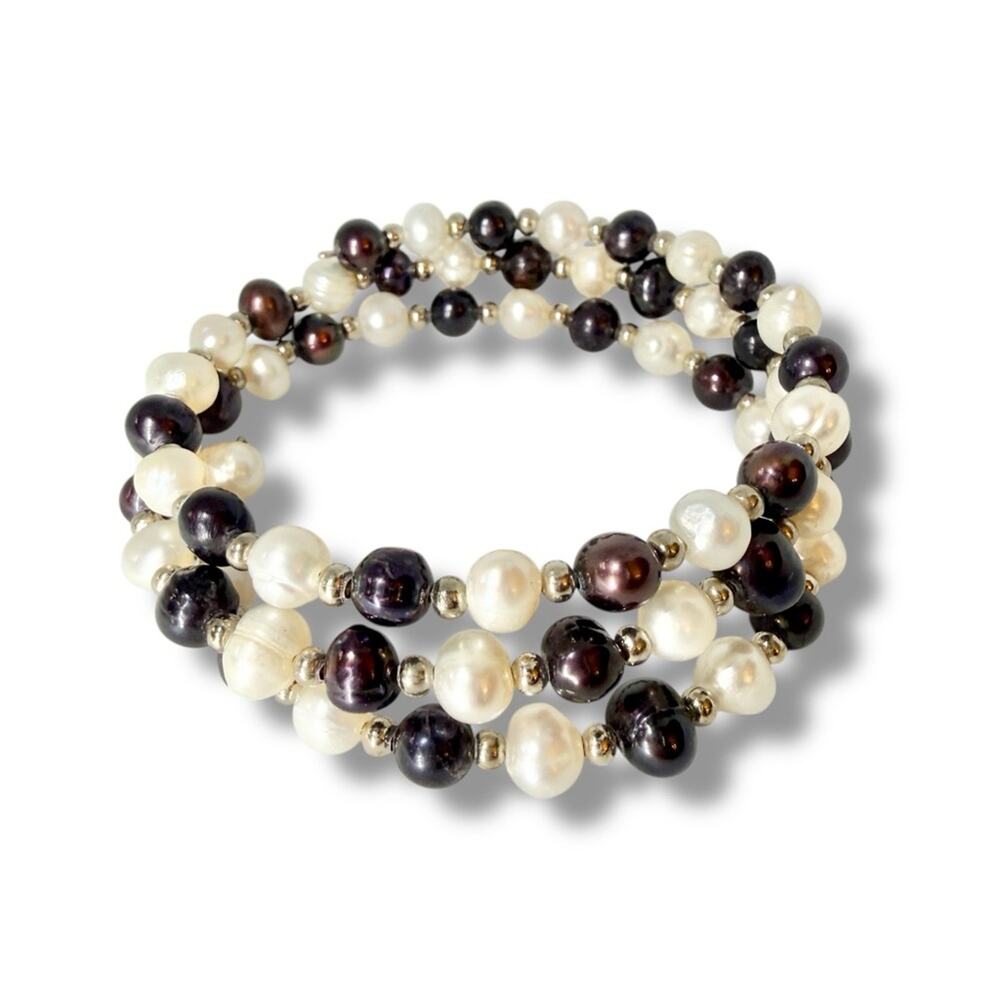 Vintage Freshwater Pearl Wrap Bracelet 3 Strand Purple Silver Tone Beaded